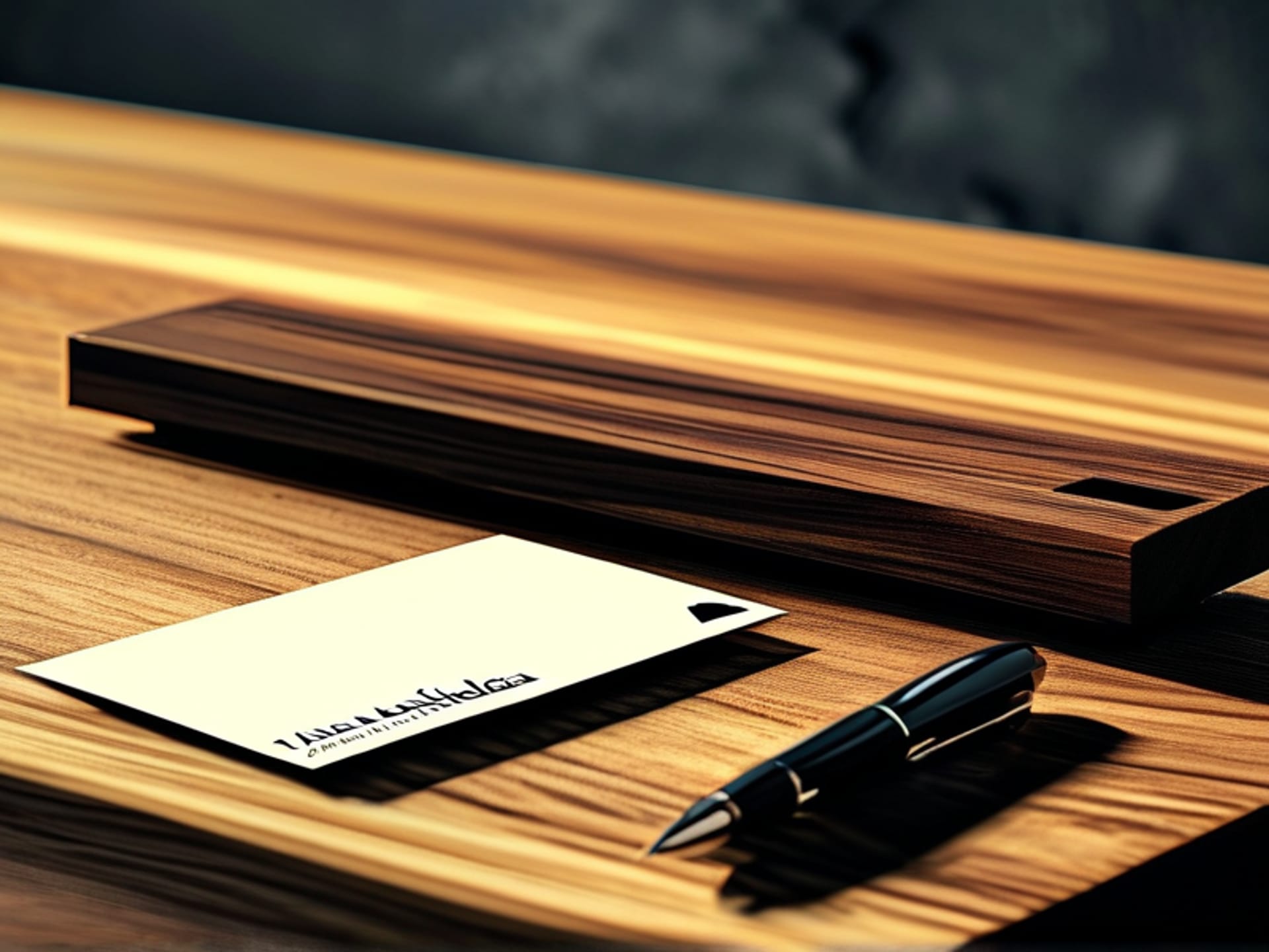 A stark, minimalist business card on a polished oak desk. The text is solely 'Javier Mendoza, Director de Finanzas' in elegant, embossed serif type. The card is shot from a low angle, casting a long shadow, making it look monumental and powerful. Clean studio lighting, macro detail. --style raw --ar 4:3