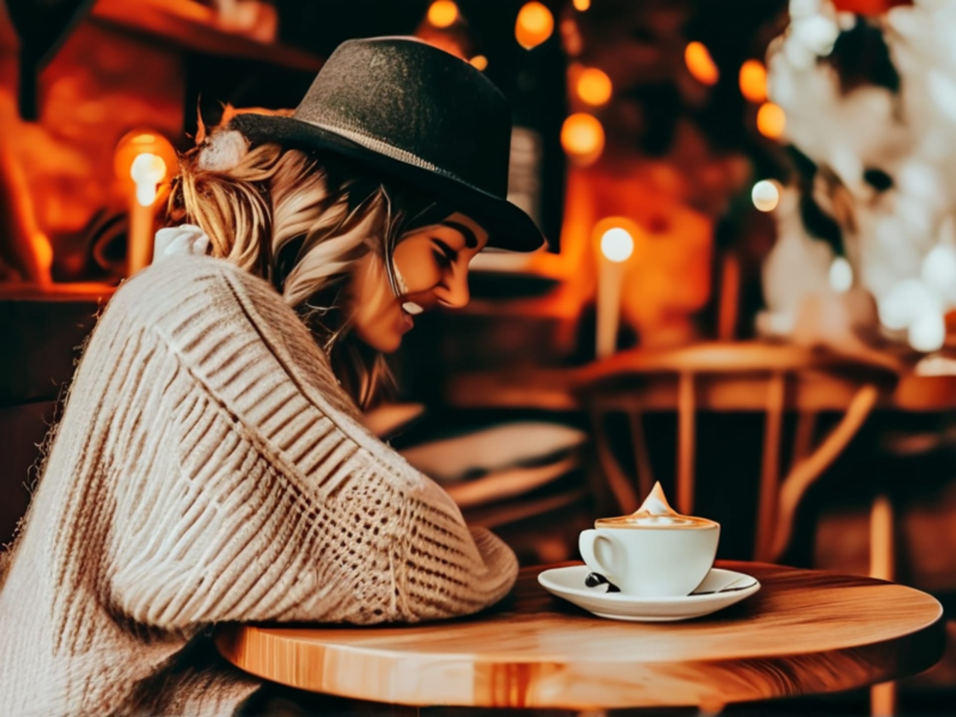 Midjourney prompt: A person in a cozy coffee shop, leaning over a small table, having a sincere, animated conversation with a friend. Soft focus background. Warm light. Photorealistic. --ar 16:9