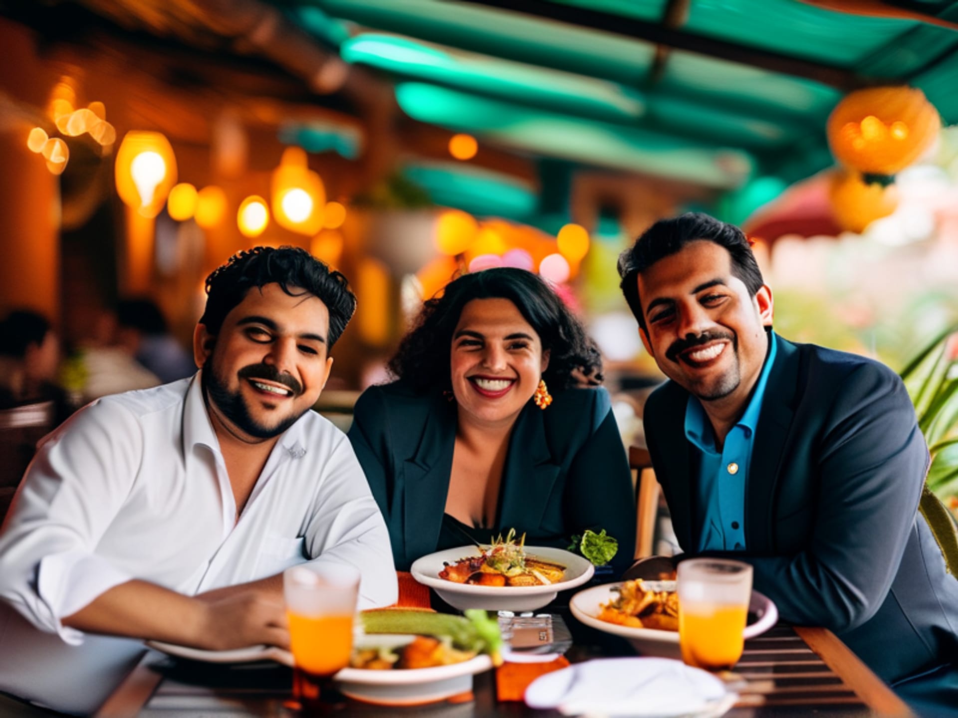 Midjourney prompt: Photo of a warm, convivial business lunch in a Mexico City restaurant patio. Three people are smiling, leaning in, sharing food. One hand gestures subtly under the table. Soft afternoon light, candid moment. Shot on a Leica rangefinder. --ar 16:9