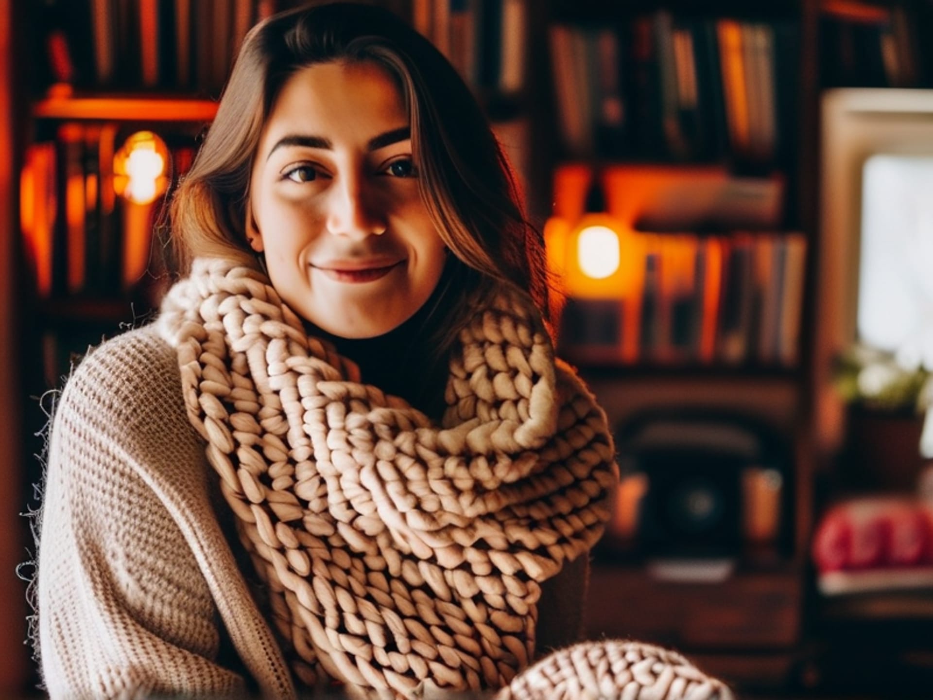 A micro-influencer with 2k followers, a passionate knitter, livestreaming in their cozy, book-filled apartment. On screen, a detailed, half-finished scarf. Style: warm, intimate, candid photo shot on a high-end camera with shallow depth of field.
