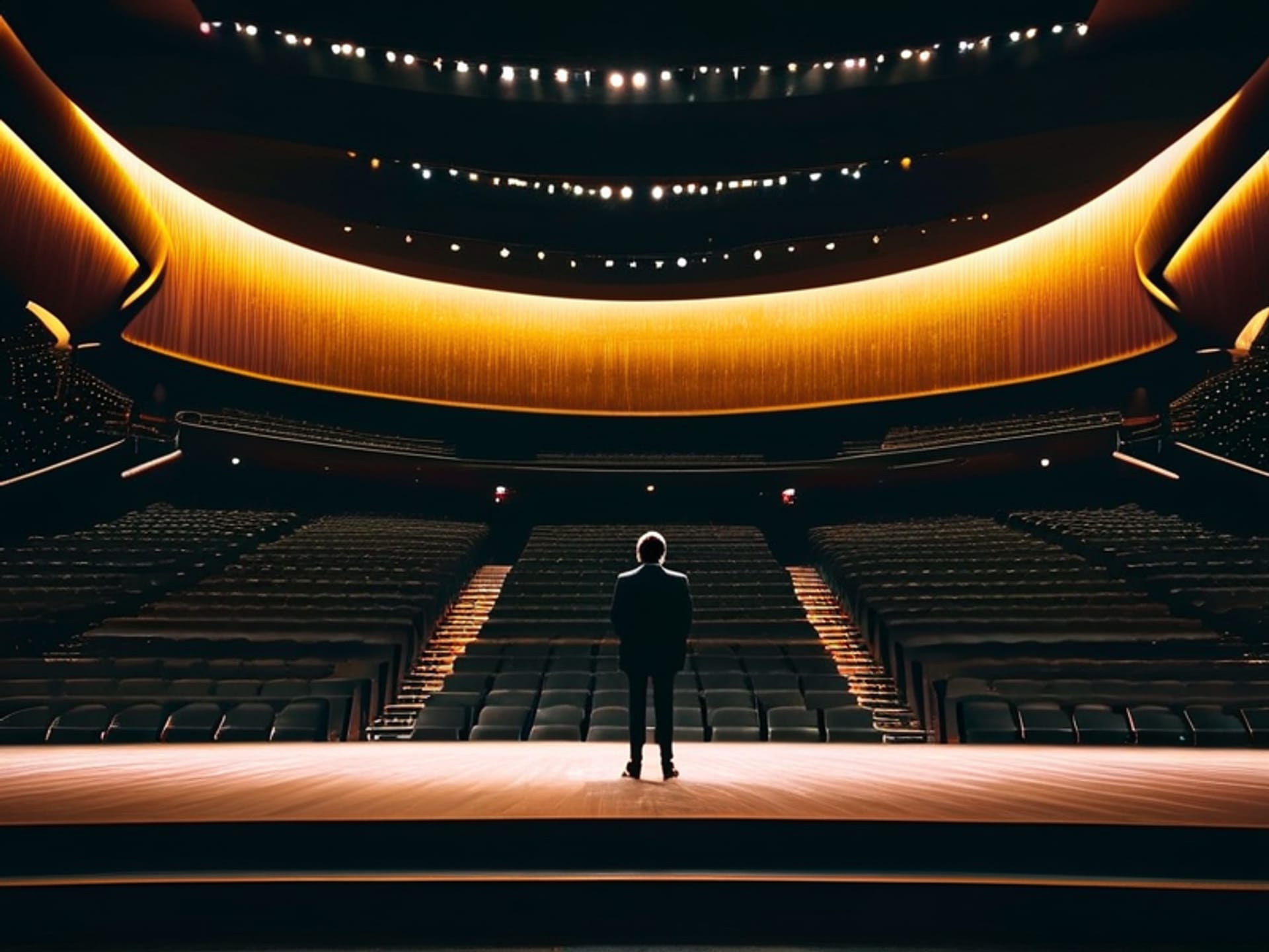 On a stage in a huge, dark concert hall, a single, embarrassed ad creative stands alone, while the audience seats are all empty, cinematic --ar 16:9 --style raw