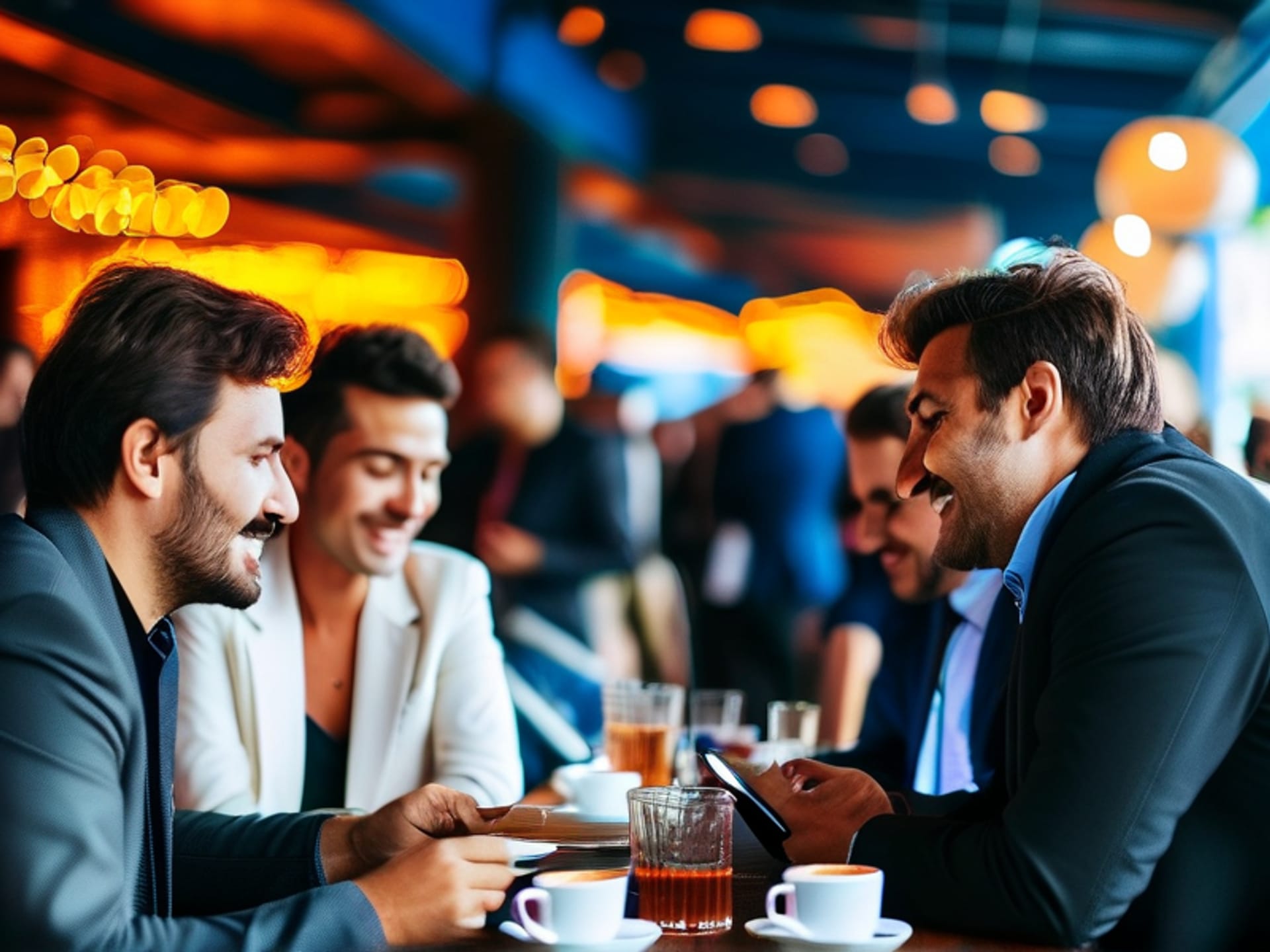Wide angle scene of a professional networking event in Barcelona or Mexico City. Men and women chatting animatedly over coffee, not tablets. Body language is open and warm. The air feels busy, yet friendly. Realistic photo, shot from a slight distance.