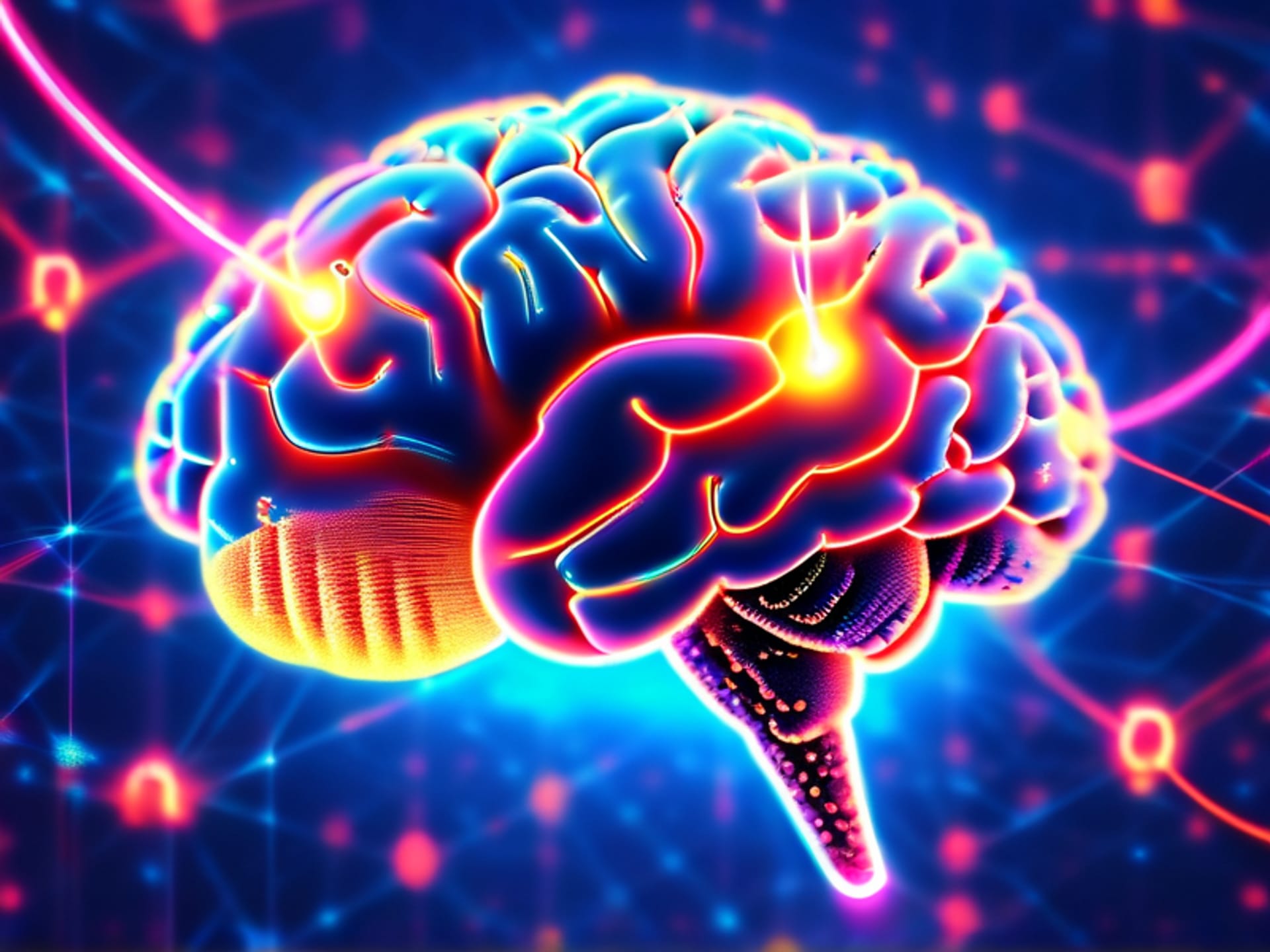 Abstract visual of a glowing, algorithmic brain, TikTok logos floating like neurons, colorful data streams connecting thoughts, cyberpunk aesthetic, neon accents --ar 16:9 --style raw --v 6.0