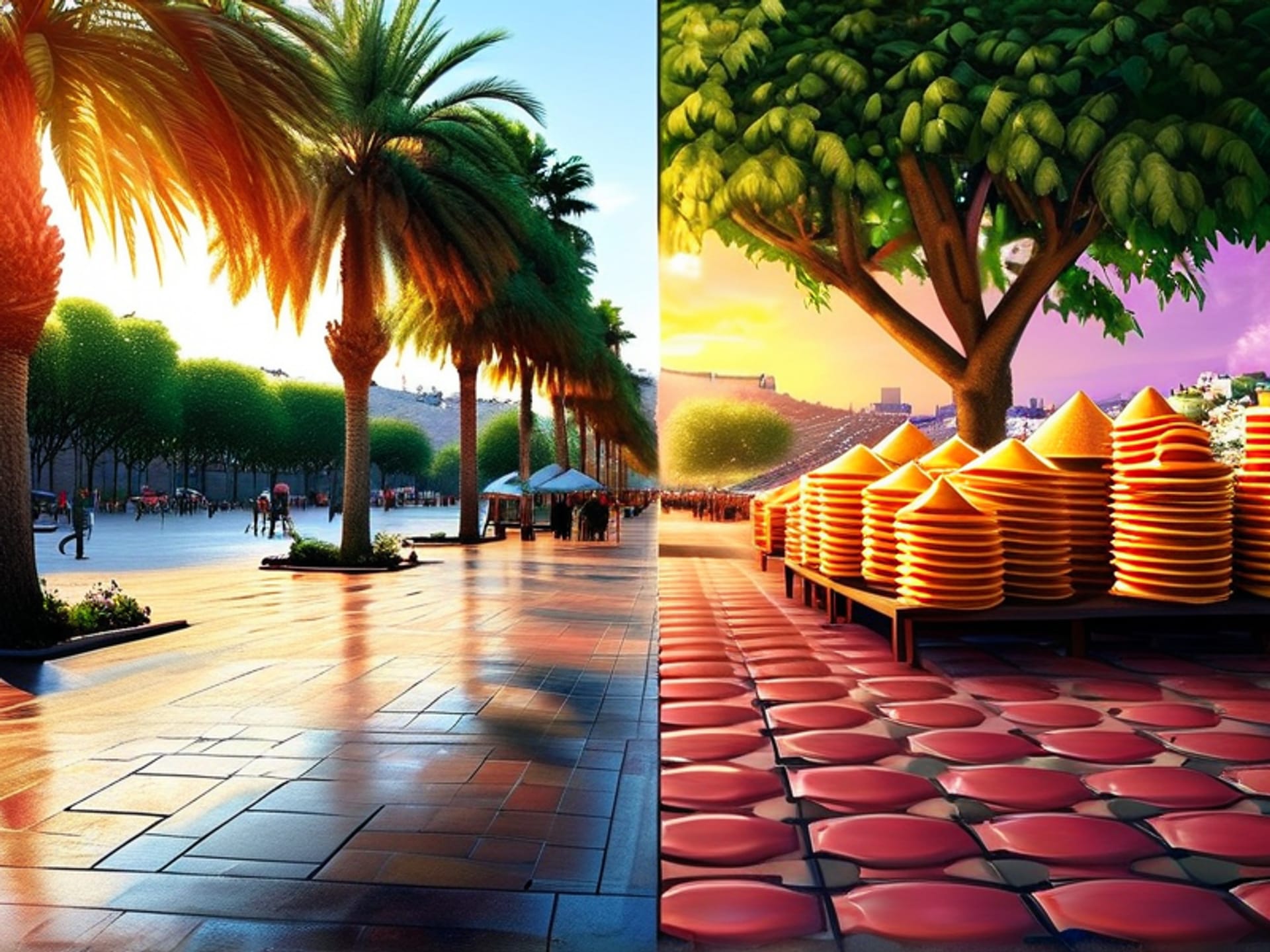 Photorealistic split-screen comparison. Left: A sun-drenched plaza in Seville, Spain, with orange trees, intricate Moorish tilework, and people having a mid-afternoon beer. Right: A bustling mercado in Oaxaca, Mexico, vibrant with papel picado, piles of colorful chiles, and the steam from fresh tortillas. --style raw --ar 16:9
