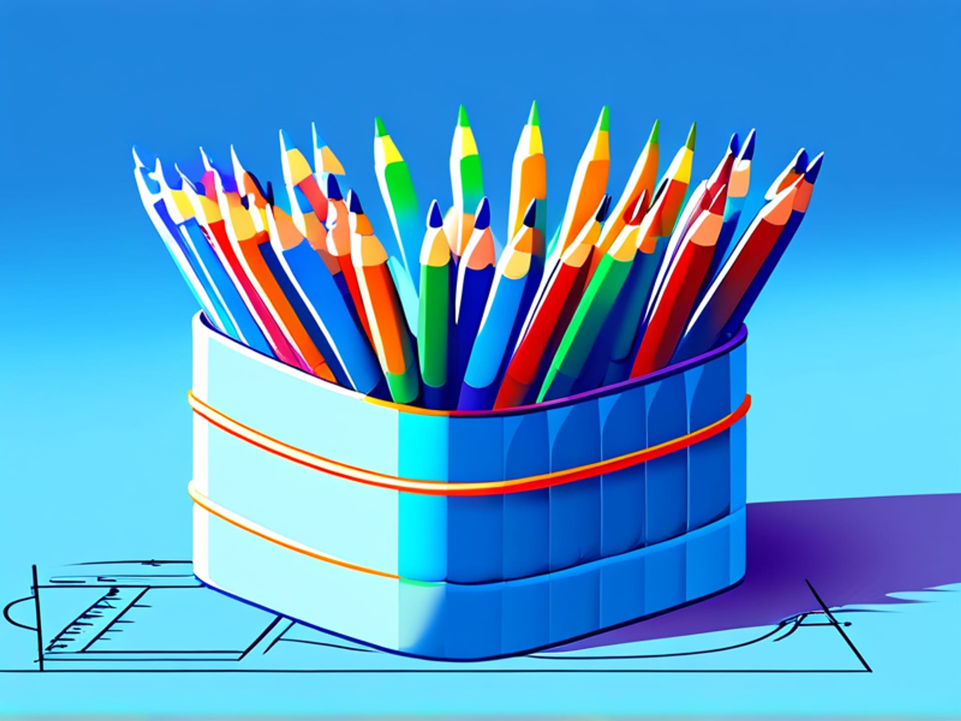 An isometric, slightly whimsical 3D illustration of many different colored pencils tied together in a bundle, standing upright on a blueprint. Impossible to break. Clean, flat design, vibrant colors.