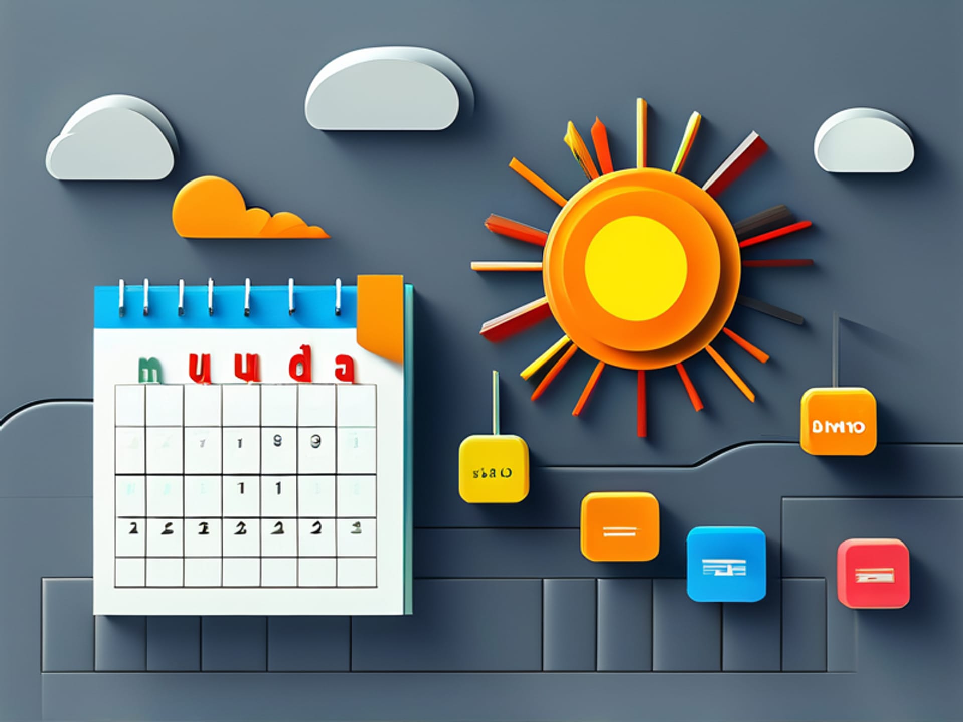 Stylized 3D illustration of a calendar, Monday 'Lunes' is a large, friendly, sun-filled icon connected to a speech bubble saying '¿Qué tal?' with smaller, greyer Tuesday-Friday icons, digital art, clean background --v 6.0