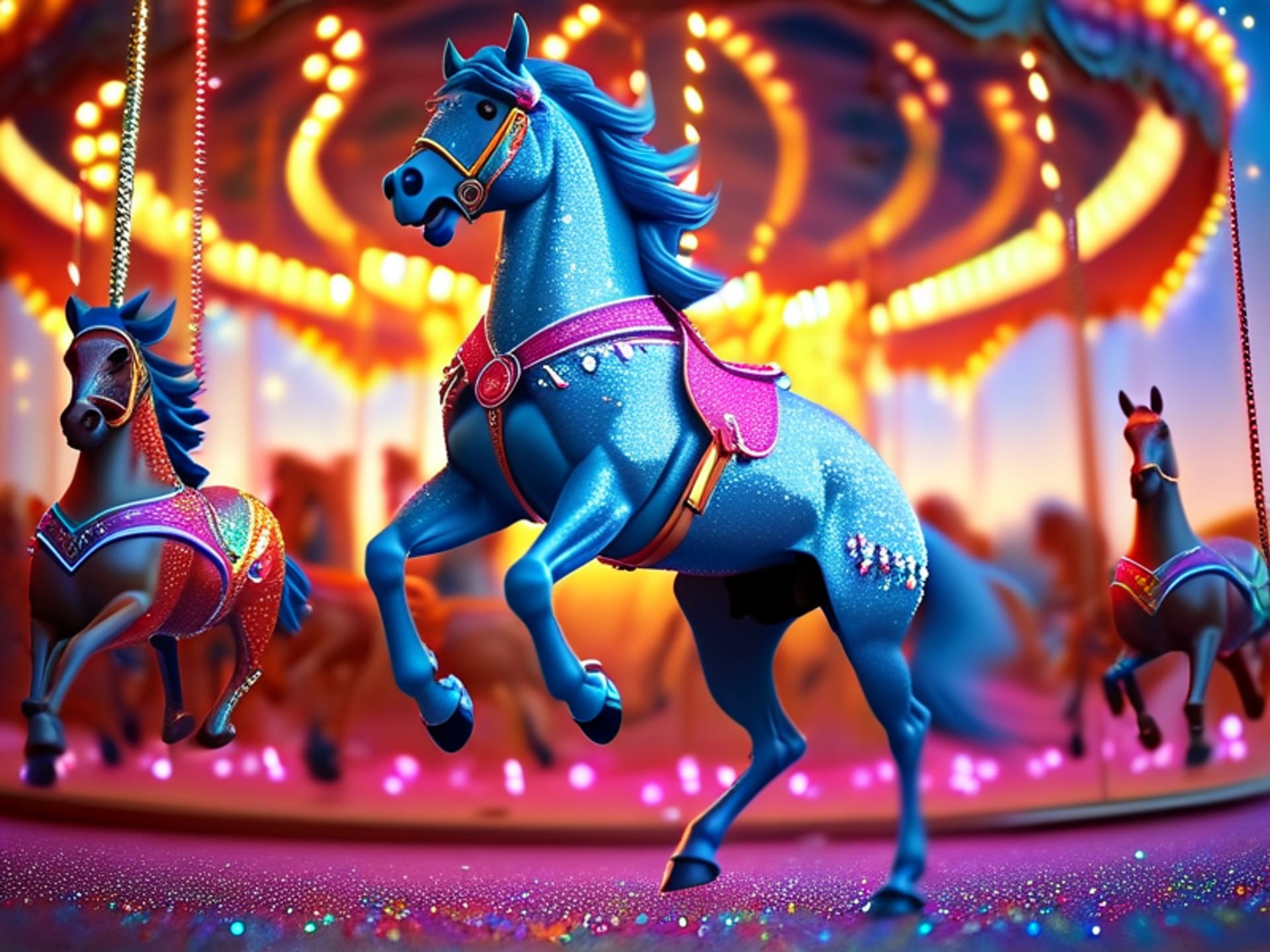 An exhausted cartoon character being thrown in circles on a glittering, chaotic merry-go-round where each horse is a different social media logo. Overwhelming and dizzying. Hyper-realistic 3D render --v 6