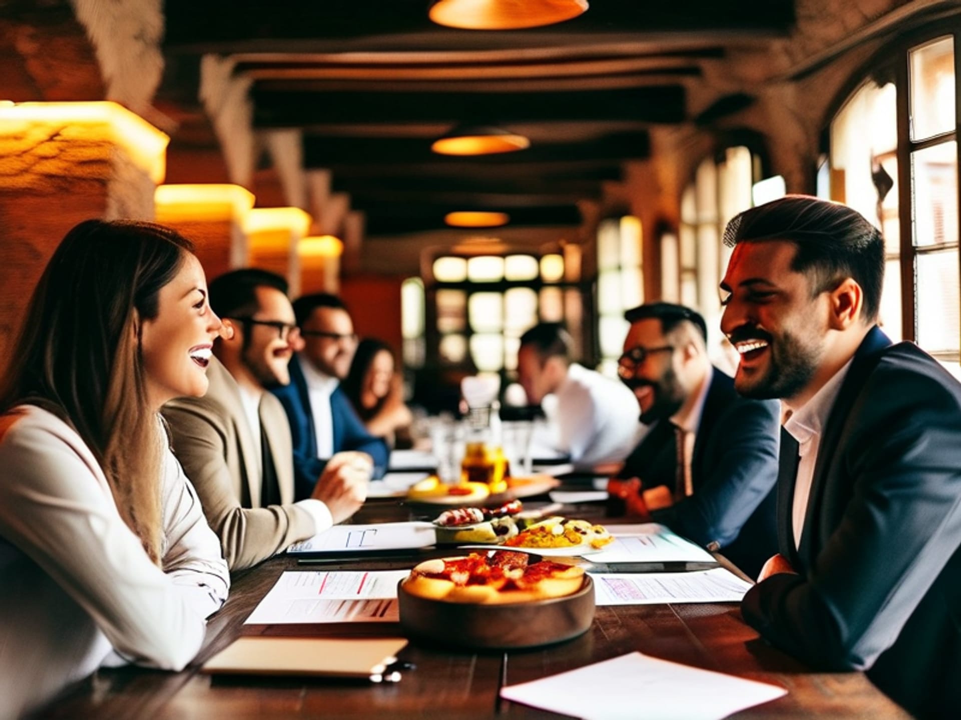 A cozy, slightly rustic office in Barcelona. A group of Spanish and American businesspeople are seated at a long table. Papers are pushed aside. The focus is on sharing tapas, laughing, and personal conversation. Emphasis on warmth and human connection.--ar 16:9