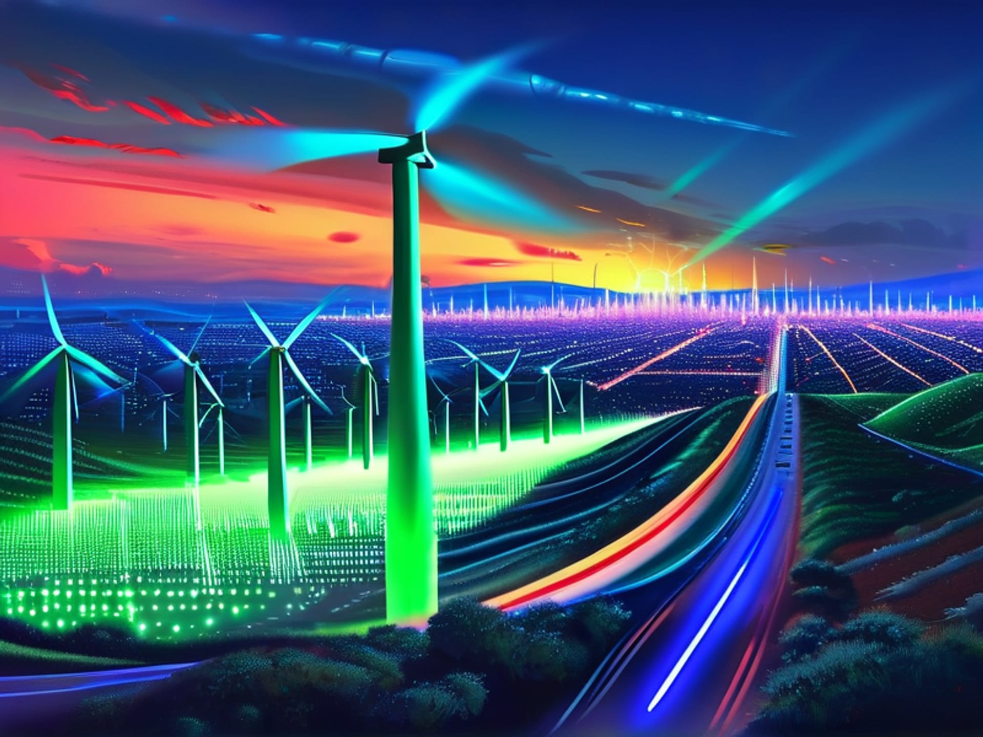 photo-realistic digital painting of a 'smart energy grid' in a futuristic Spanish city grid, data streams flowing to wind turbines and solar panels, night scene, in the style of 'Alexandr Lesnitsky', cinematic lighting, hyper-detailed –v 6.0 –ar 3:2