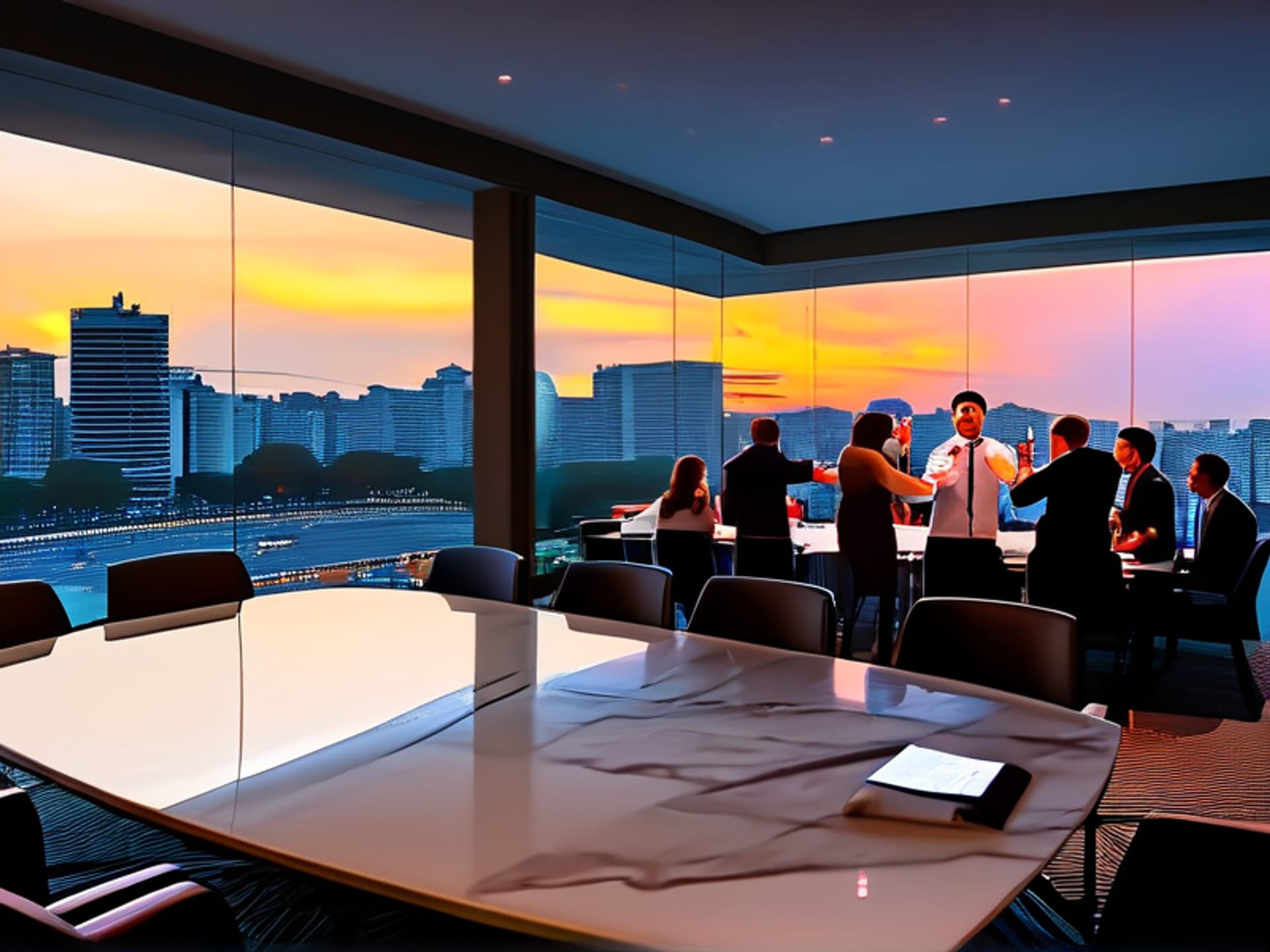 AI Image Prompt: Split-screen image. Left: A minimalist, glass-walled conference room, two Anglo-Saxon executives shaking hands formally across a table with a signed document. Right: A vibrant, loud family-style dinner in Buenos Aires or Madrid, a deal being toasted with wine and back-slapping among a larger group. --v 6.0 --style raw --ar 16:9