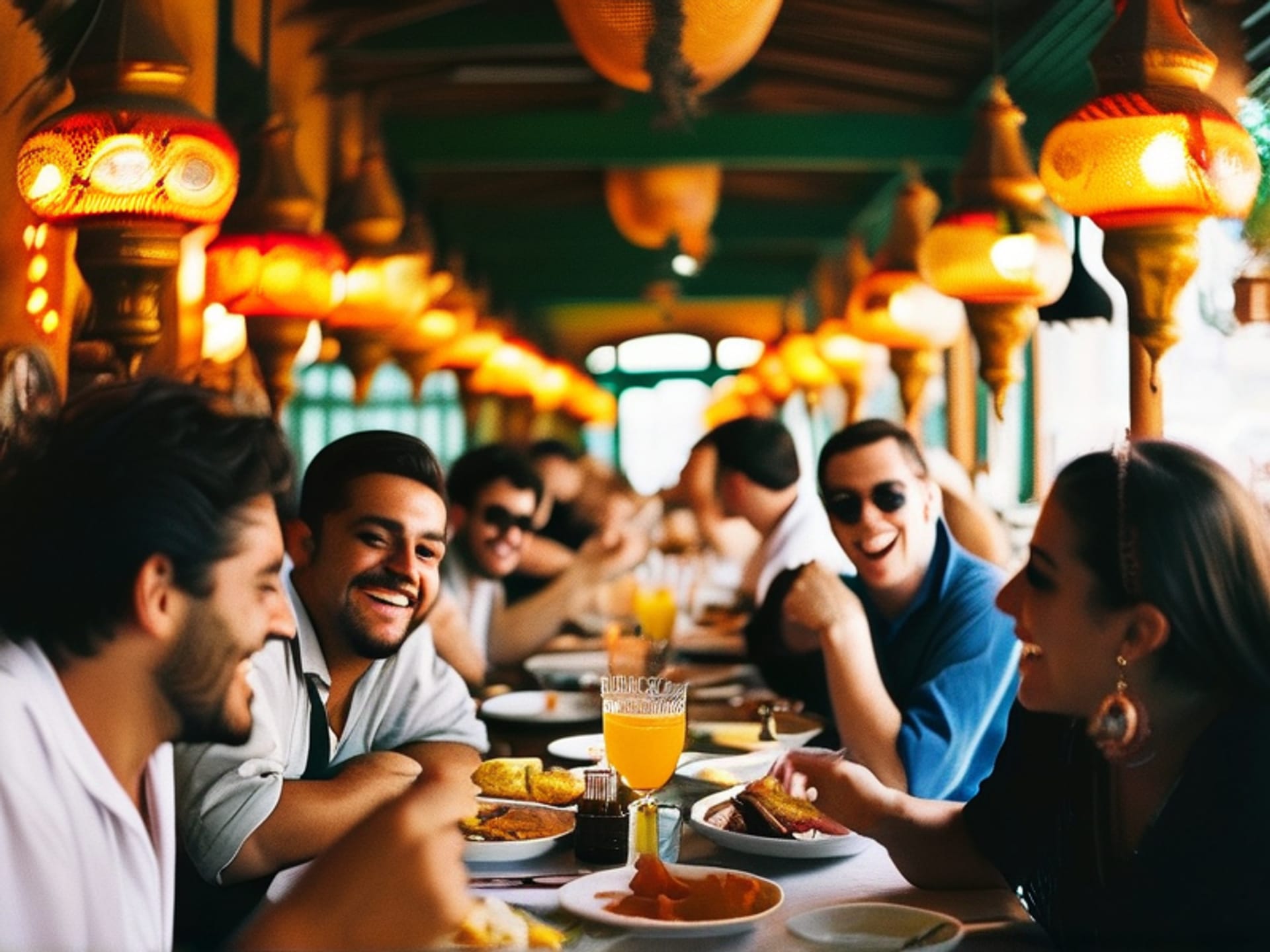 A wide shot of a vibrant, lengthy lunch at a traditional Spanish restaurant in Buenos Aires. Business people are leaning in, laughing, sharing plates of food. One person gestures animatedly while telling a story. Warm, golden-hour light filters through wooden blinds. Cinematic, candid, shot on 35mm film --ar 16:9 --v 6.0