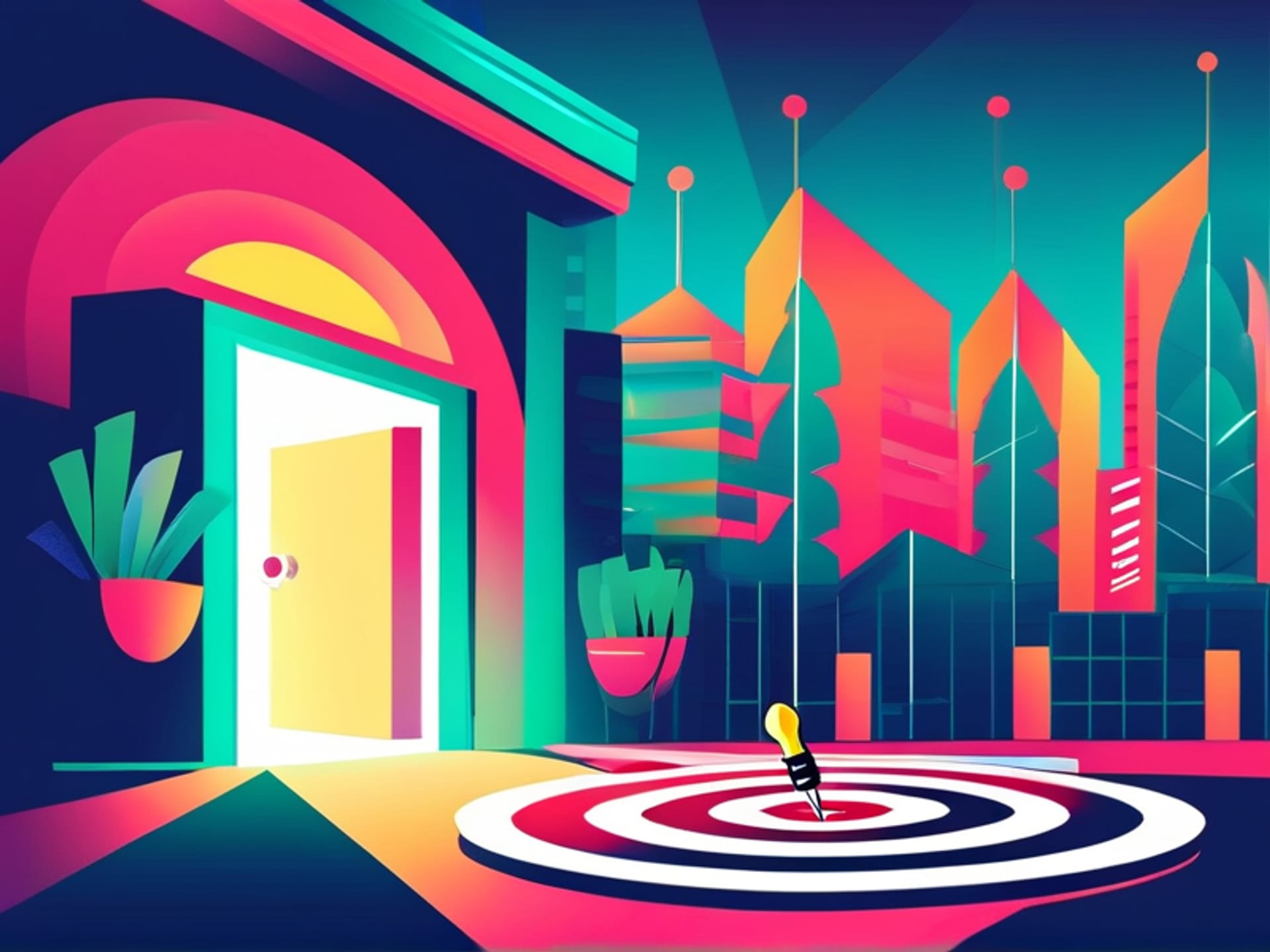 A dartboard, but the bullseye is an open door leading to a vibrant marketplace, business target illustration, metaphorical, vector style, bold colors, --ar 16:9 --style raw --stylize 300