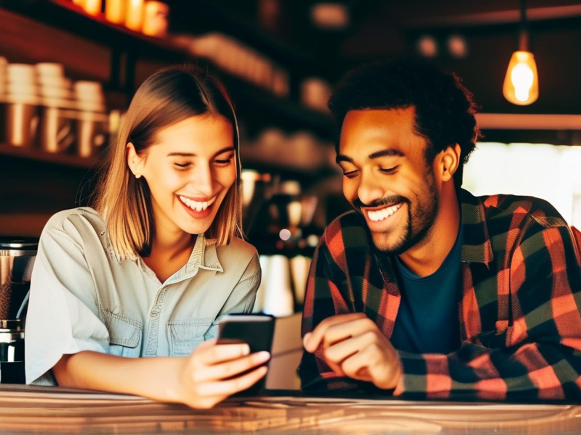 A warm, inviting scene of a local coffee shop owner laughing with two regular customers across the counter. One customer is showing something on their phone. Soft, natural light, shallow depth of field, candid photograph style.