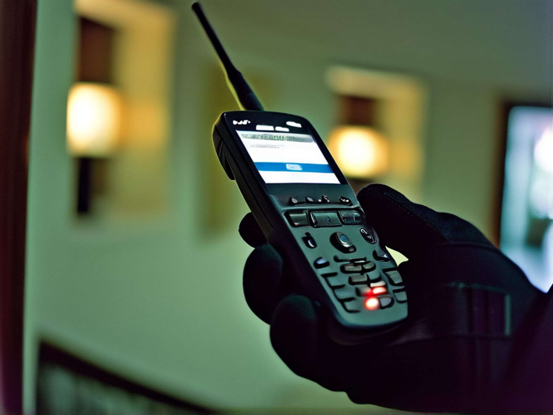 A sharp, cinematic close-up of a walkie-talkie in a hotel stairwell, with a gloved hand holding it. The screen of a property management system is visible, out-of-focus in the background. Moody, professional, high-contrast lighting. 35mm lens