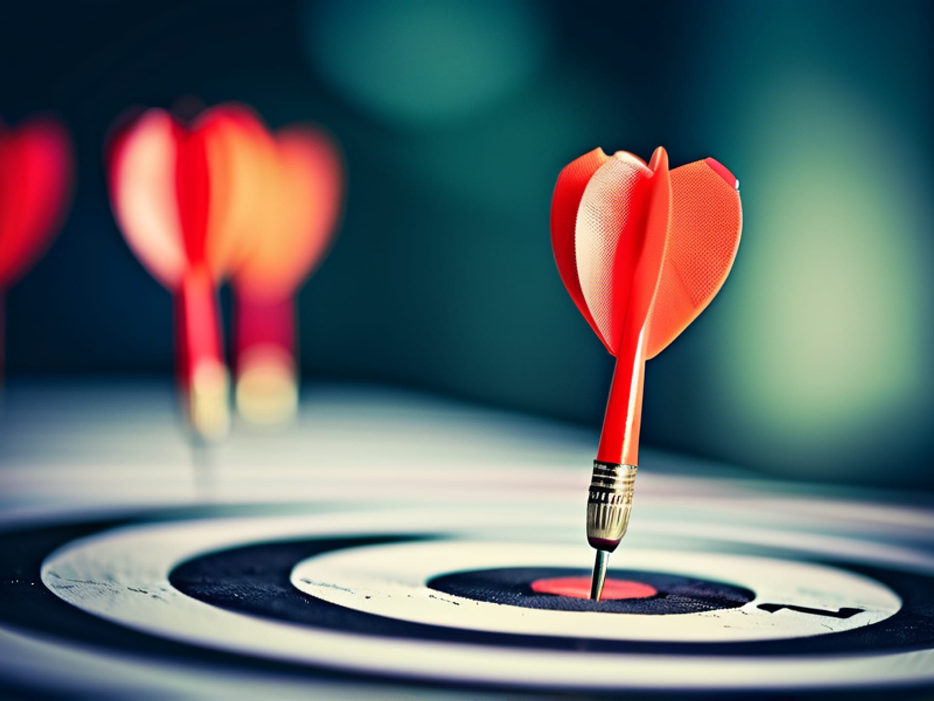 A single, weathered dart hitting the bullseye center of a target, the background is a soft blur of other targets with missed darts, focus on precision, minimalist, moody tones, --ar 16:9
