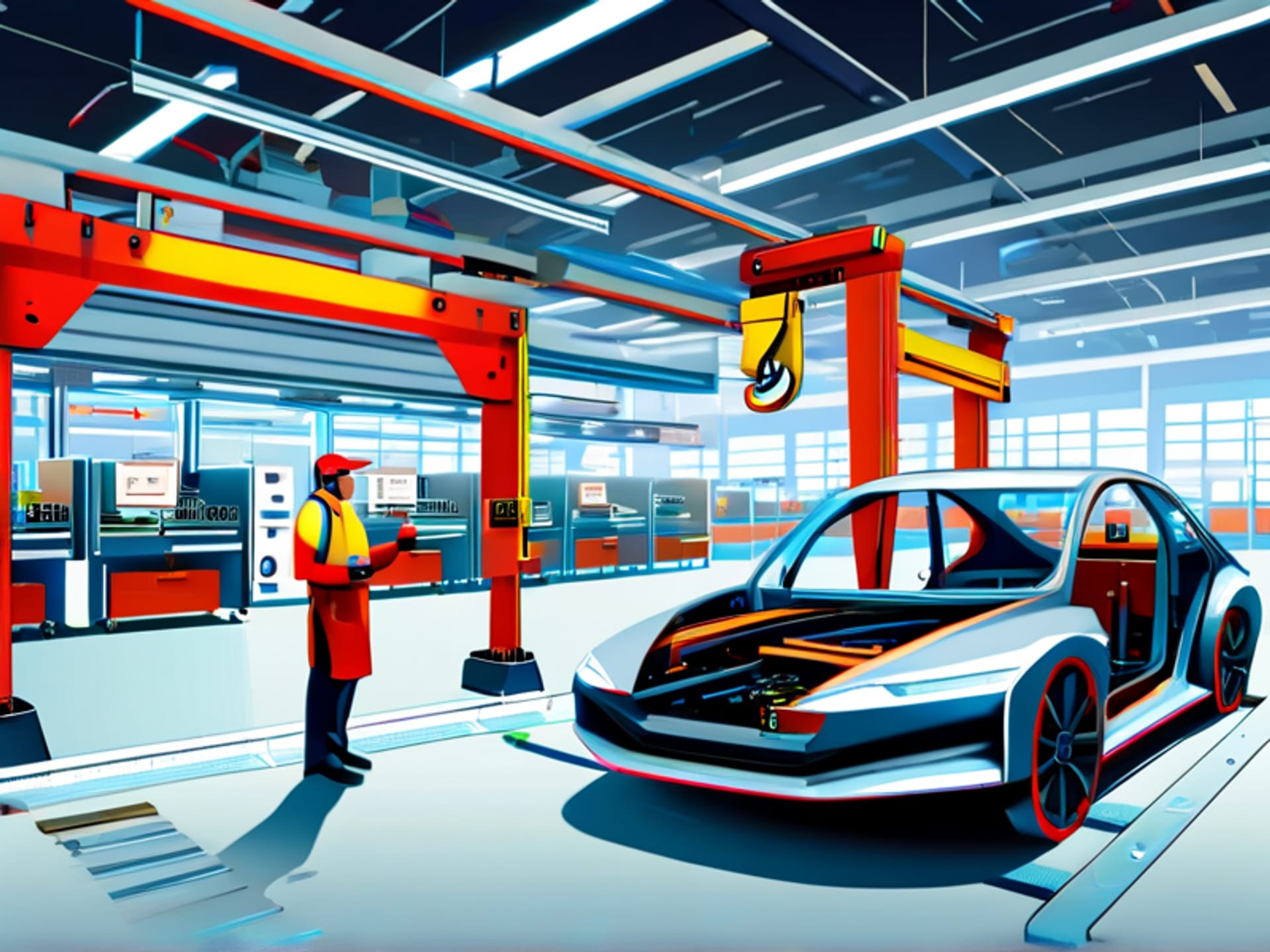 A hyper-detailed, dynamic illustration of an automotive assembly line from a low angle. A robotic arm welds a chassis as a supervisor points and speaks with a worker. Spanish labels float near key components: 'Línea de Ensamblaje', 'Célula de Trabajo', 'Cuello de Botella'. Stylized, dynamic lines show motion. --ar 16:9 --v 6.0