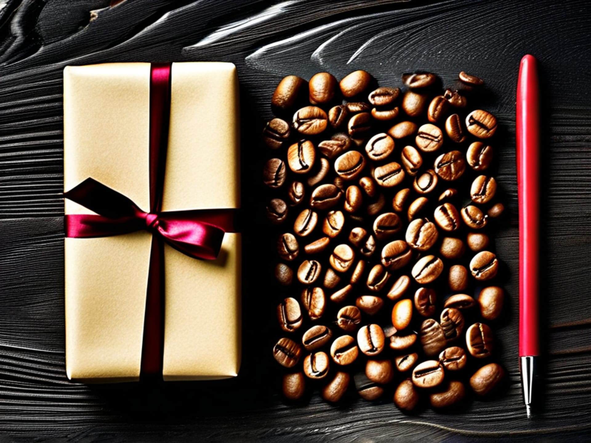 Clean, flat lay photo of a beautifully wrapped gift next to high-quality coffee beans and a tasteful pen, on dark wood, elegant and understated, studio lighting --style raw --ar 16:9