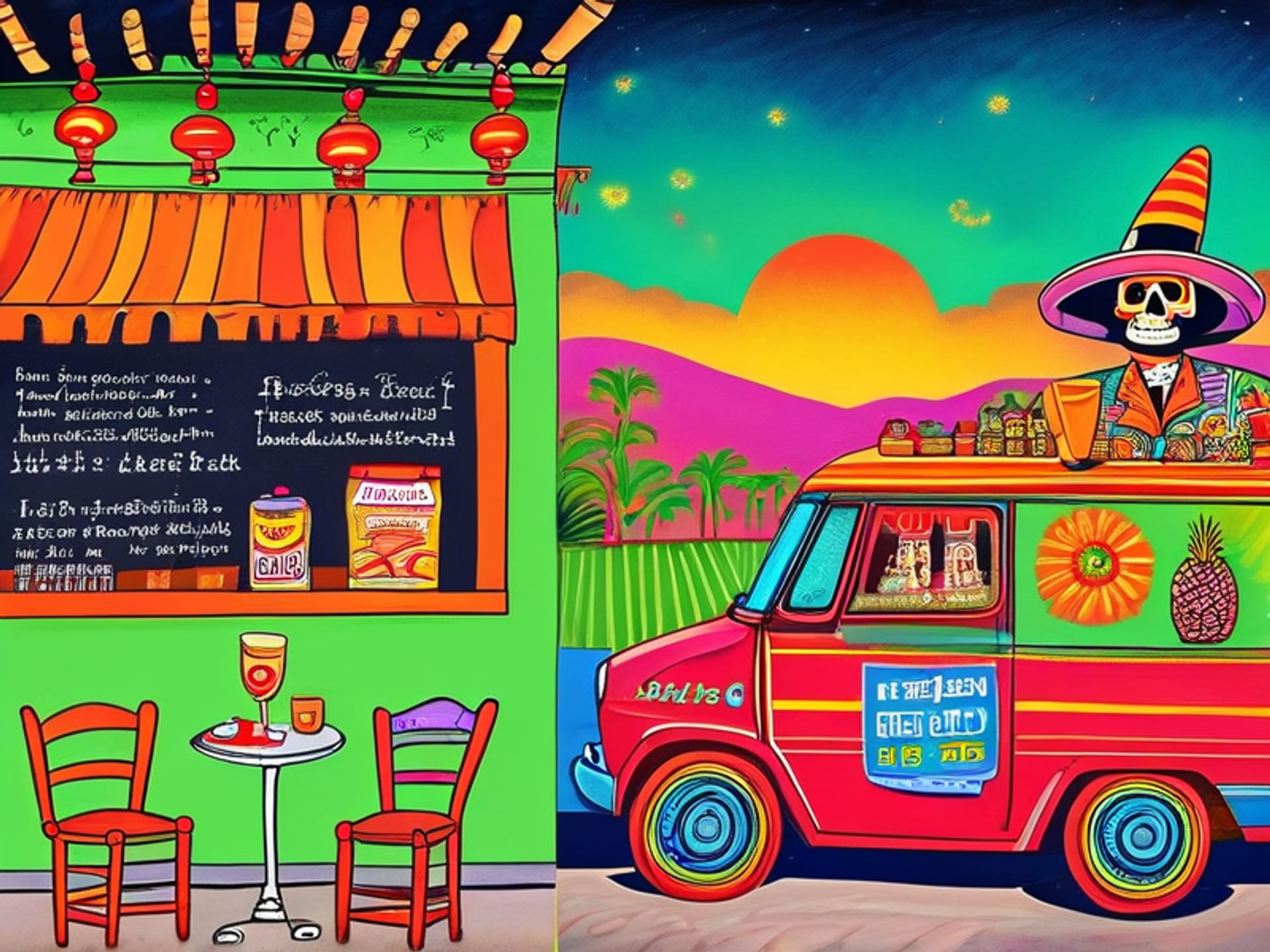 Split-concept art, left side: sketchy black and white cartoon of man in Buenos Aires cafè delivering rapid-fire wit, thought bubbles with sarcastic text, right side: hyper-saturated, magical realist painting of a street in Oaxaca, Mexico, with a skeleton vendor winking, vibrant colors, intricate details --style raw --v 6.0