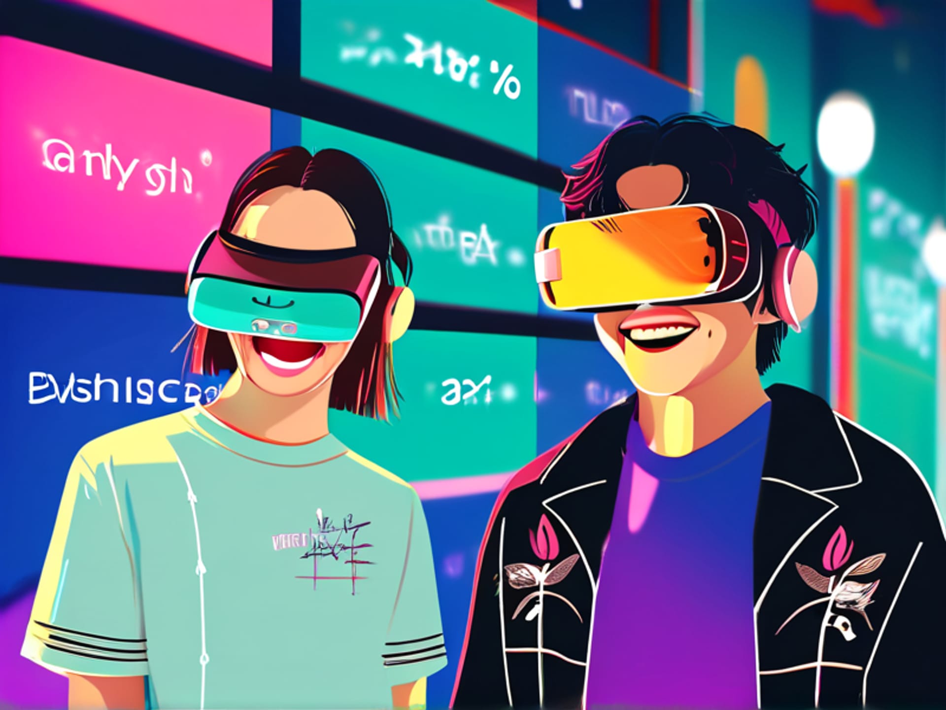 Stable Diffusion prompt: An artistic data visualization wall in a modern marketing agency. Instead of boring charts, it's a vibrant collage of faces from Gen Z and Millennials. They are using AR filters to try on glasses, standing in front of local restaurants, laughing. Overlays show simple stats: '18-34', 'AR Daily Users', 'Discover Local'. Style: Dynamic collage, graffiti edge. --ar 16:9
