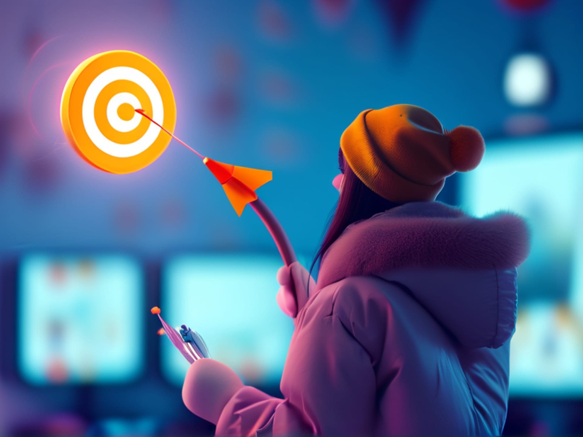 Midjourney Prompt: A person holding a dart, aiming not at a dartboard, but at a floating, glowing target icon labeled 'GOAL'. The background is a soft blur of social media icons. Stylized 3D render.