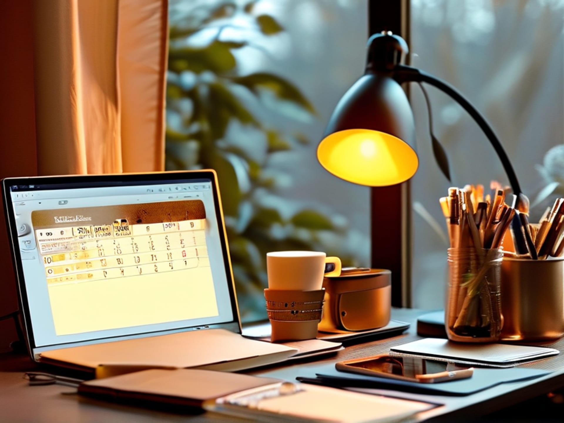 Stable Diffusion Prompt: A creative flat lay of a new business owner's tools: a ring light, a handwritten content calendar, a coffee cup, and a phone showing a well-composed, bright photo of a product. Warm, inviting morning light --ar 16:9