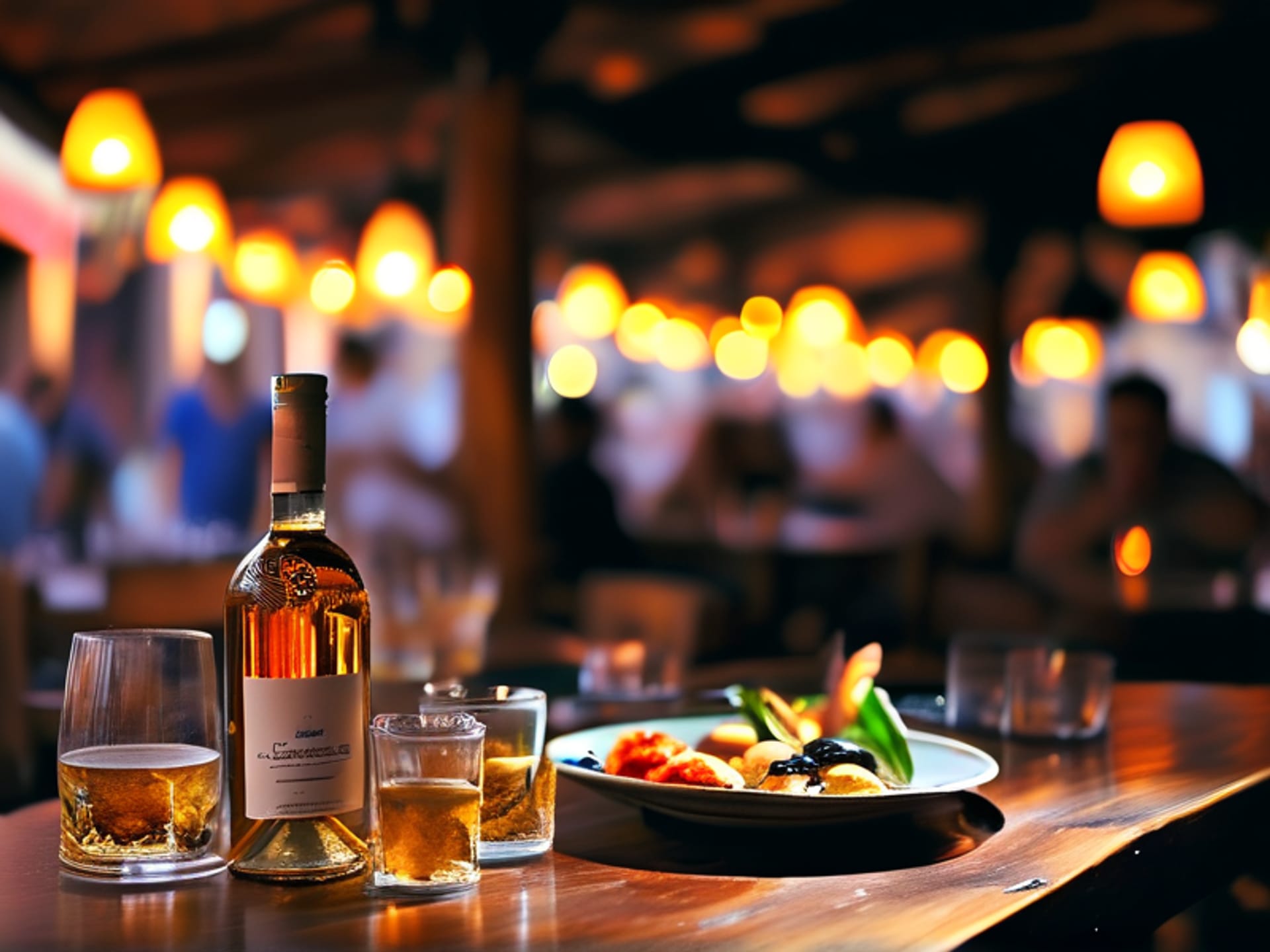 Midjourney/SD Prompt: A medium shot inside a bustling Barcelona tapas bar. A group of four professionals are relaxed, a man gesticulating while telling a story. An empty Rioja bottle and several small plates are on the table. Late afternoon light, energy, and warmth. Cinematic, shallow depth of field. --ar 4:3