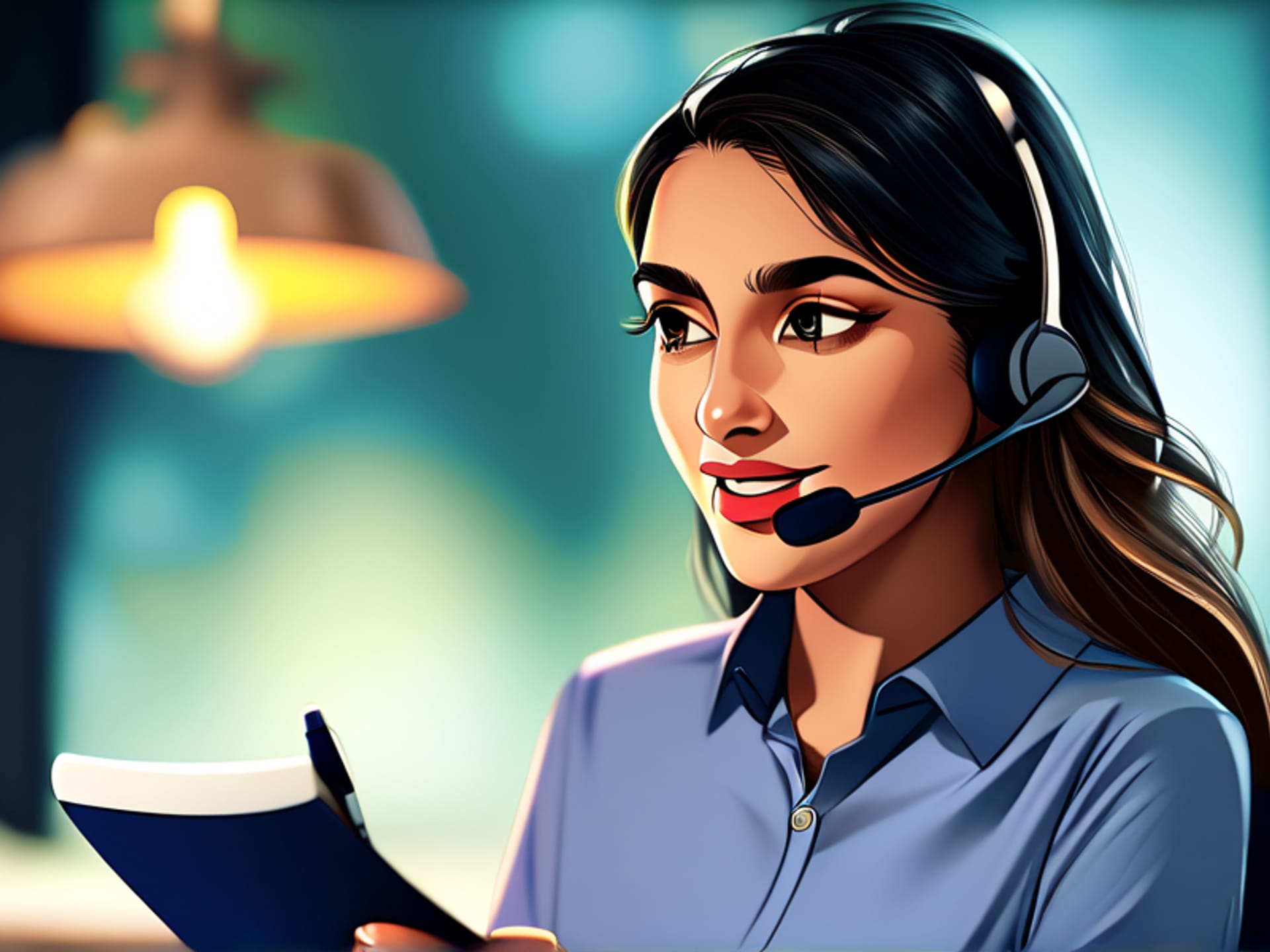 Stable Diffusion prompt: A customer service representative speaking Spanish, holding a pen to a notepad with simple icons for 'name', 'account', and 'number'. Soft focus background, empathetic expression. Clean, professional shot, crisp audio headset. --ar 4:3 --style raw