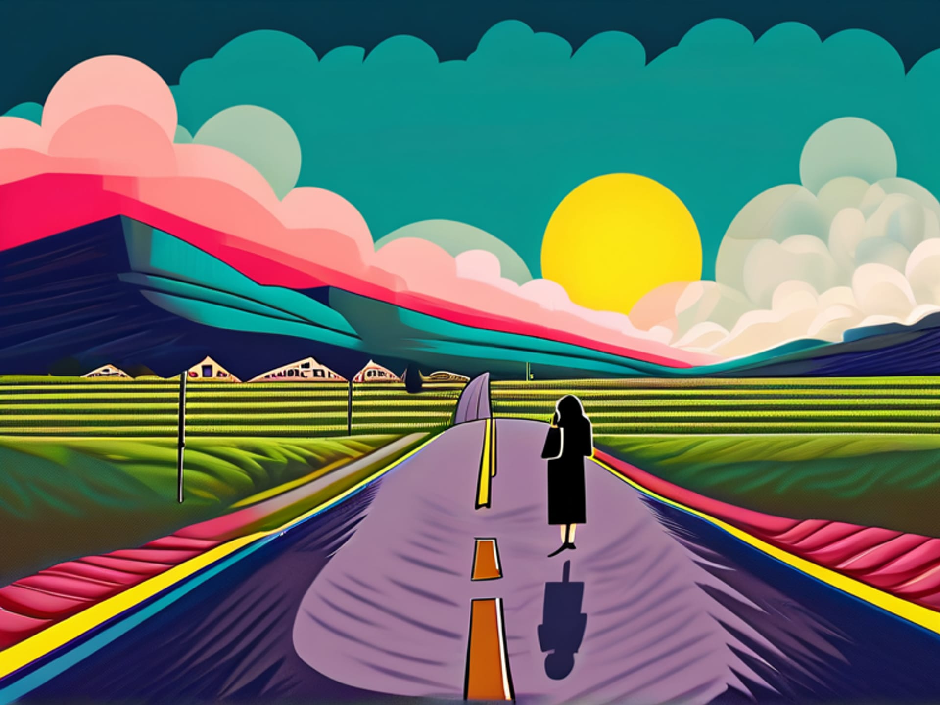 Surrealist digital art, two distinct paths in a business park, one path signposted 'Tú' with casual, colorful figures, the other signposted 'Usted' with formal, monochrome silhouettes, a hesitant traveller at the crossroads, hyperrealistic textures with a dreamlike glow