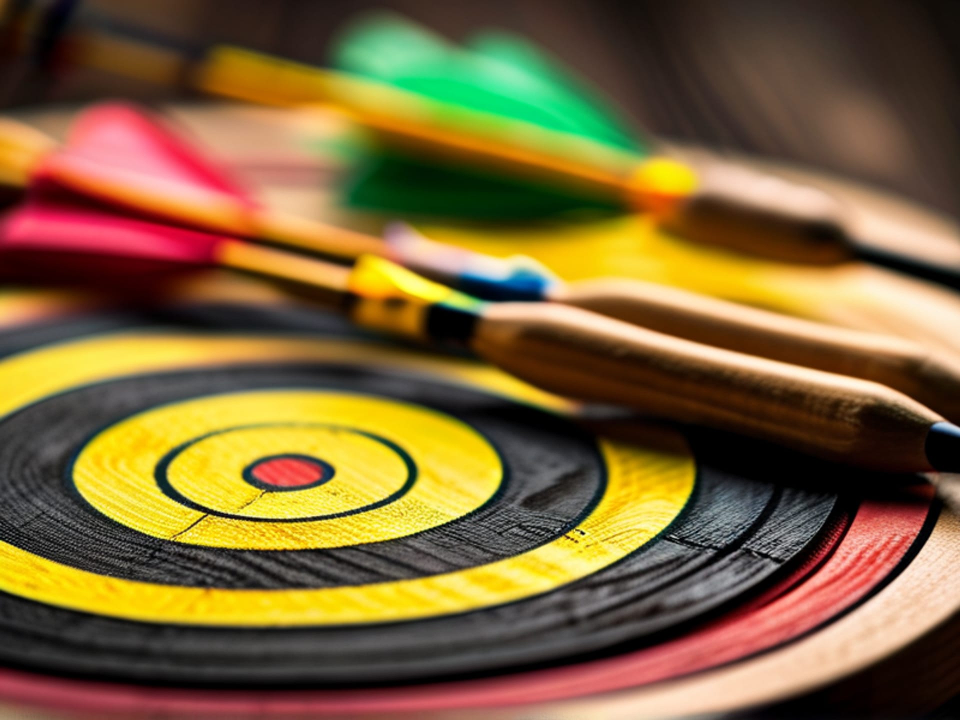 Wooden archery target with five colorful rings, arrow hitting the center, clean light, hyperrealistic, shallow depth of field, --ar 16:9