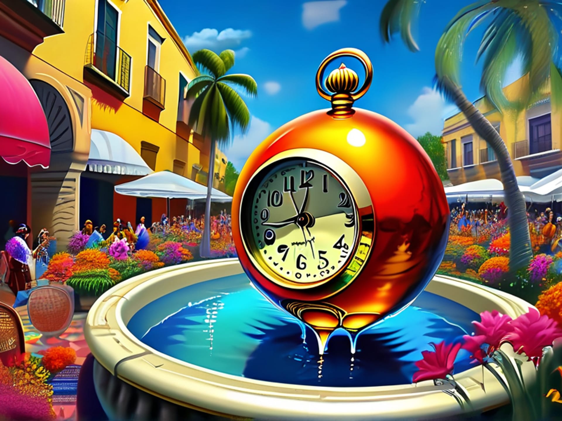 AI Image Prompt: Surrealist art, a giant, melting pocket watch draped over a vibrant Latin American plaza fountain, surrounded by people laughing and talking. Dali meets magical realism, warm color palette, intricate details --v 6.0 --style raw