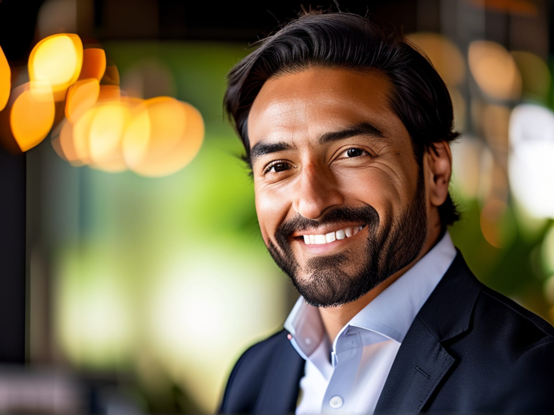 A warm, professional headshot of a Latino executive against a modern office backdrop, with a subtle Iberian or Latin American architectural element in the bokeh, shallow depth of field, professional portrait lighting