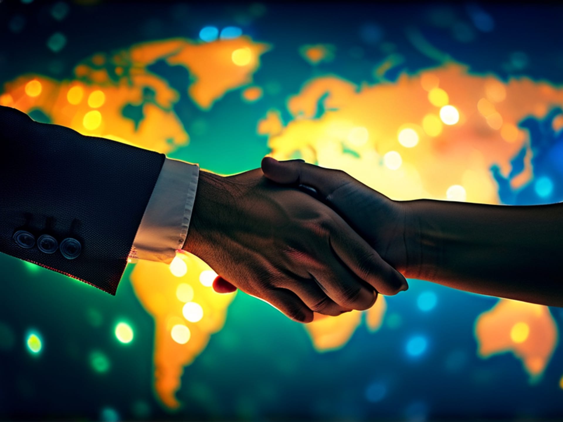 An overhead shot, macro view of a human hand gently shaking another hand in a warm, genuine handshake. The background is a soft, blurry bokeh of a world map made from glowing fiber-optic threads. The focus is on the connection, the texture of skin, the intimacy of the gesture. Photorealistic, shallow depth of field.